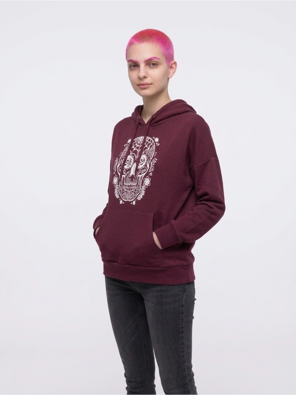 Sugar Skull Women’s Hoodie Size Lg. Burgundy and White